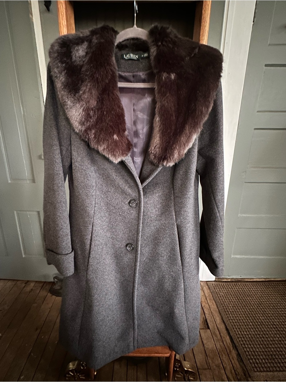 Lauren Ralph Lauren Gray Wool Coat with Brown Faux Fur Collar, 10